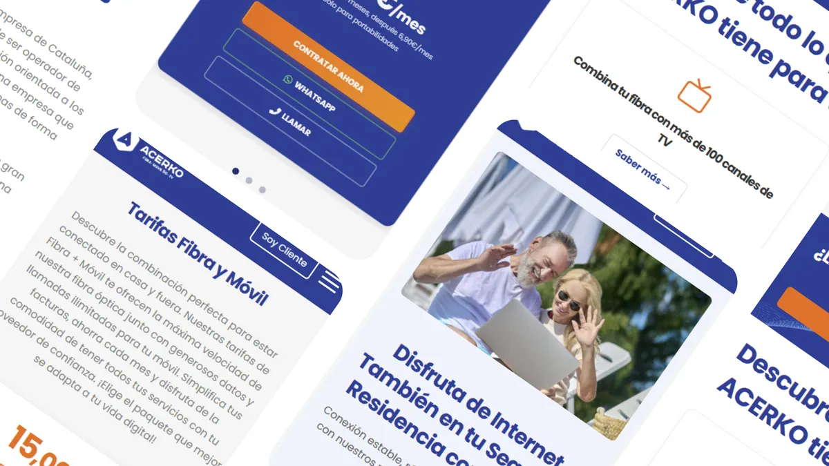 Composición del sitio de Acerko.com con las páginas de tarifas de fibra y móvil y los botones de contratación y contacto.